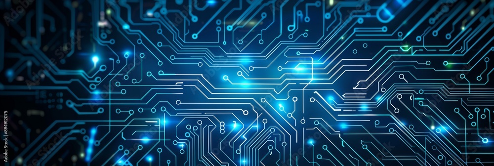 Poster abstract blue circuit board background - a close-up view of a blue circuit board, representing techn