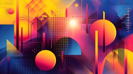 A colorful abstract painting with many different shapes and sizes 