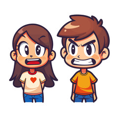 clipart vector illustration of a boy and girl being angry, furious, heated, mad, outraged, choleric, fiery, fuming, hate, infuriated
