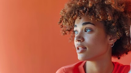 Fototapeta premium a woman with curly hair in a youthful casual look, chatting with a friend against a coral background, allowing for the incorporation of text or graphic elements