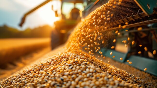 Closeup auger on combine pouring soybean into tractor trailer