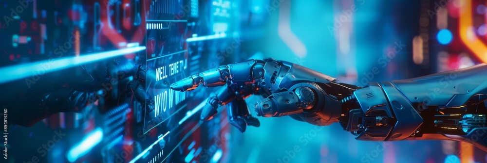 Poster ai robot hand interacting with futuristic interface - a robotic hand with glowing blue lights intera