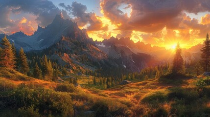 Majestic mountain landscape bathed in golden hour light, with the sun setting behind the peaks, golden hour landscape photography, dramatic and breathtaking scenery
