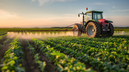 Fototapeta premium Tractor spraying pesticides on agriculture field for fertilizing vegetables and plants