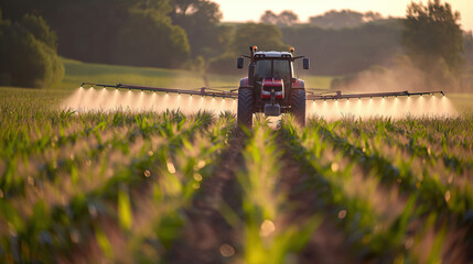 Tractor spraying pesticides on agriculture field for fertilizing vegetables and plants