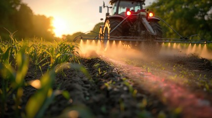 Fototapeta premium Tractor spraying pesticides on agriculture field for fertilizing vegetables and plants