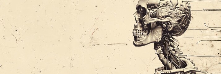 Fototapeta premium Anatomy of a Skull: A Detailed Illustration - A detailed anatomical drawing of a human skull in profile, revealing the intricate structure of the bones and the complexity of the human body.