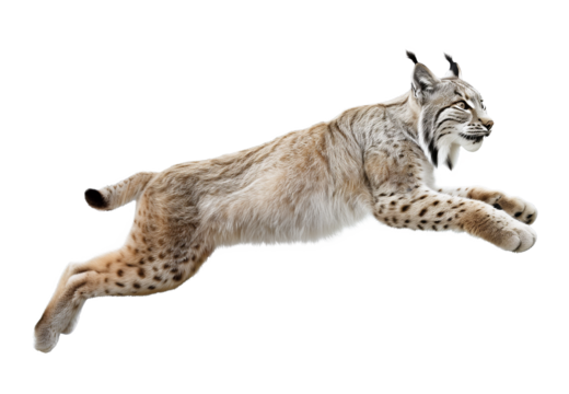 Lynx in active jumping pose on isolated background