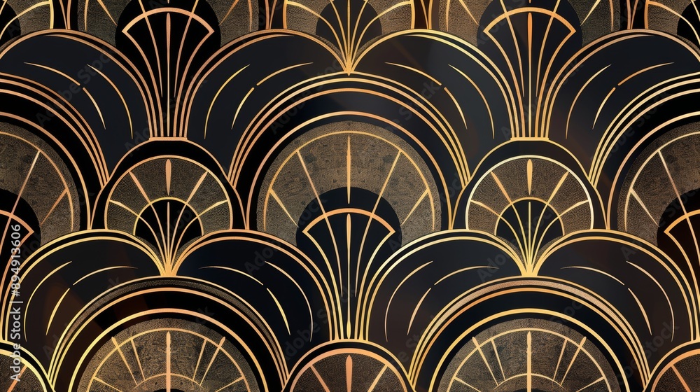 Poster art deco geometric pattern in black and gold - a seamless repeating pattern of overlapping geometric