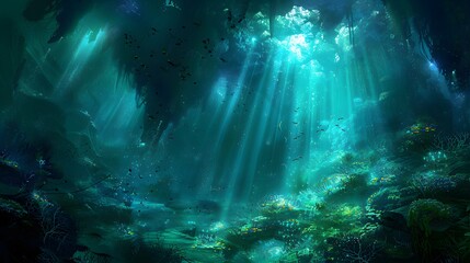 Obraz premium Dreamlike underwater cave illuminated by bioluminescent plants and fantastical sea creatures