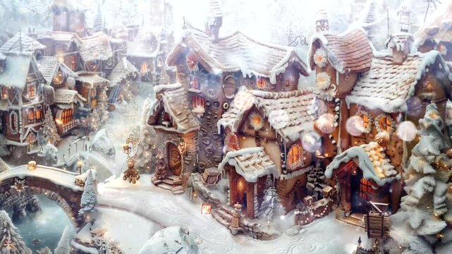 A winter scene with gingerbread houses and caramel streets. Warm shades of chocolate and ochre, flavored with a snow-white glaze,  Seamless looping 4k time-lapse animation video background