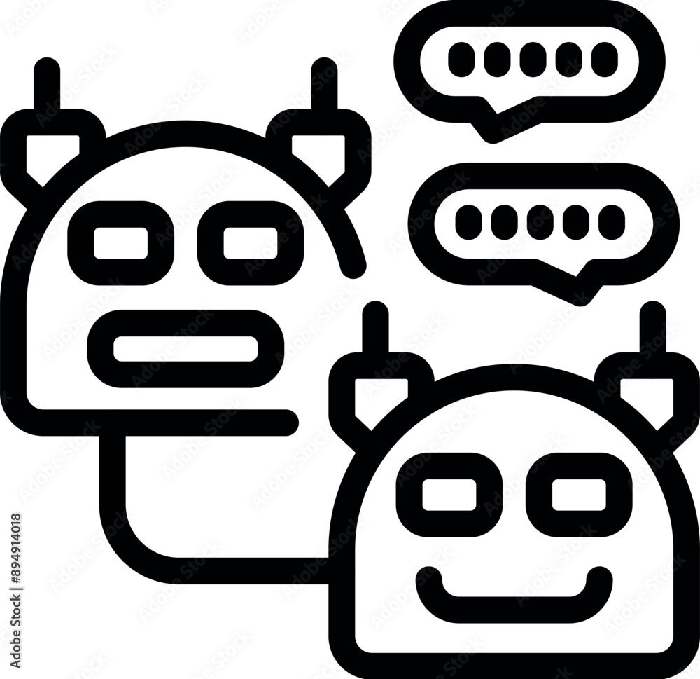 Poster line art icon of two robots talking, representing artificial intelligence and communication