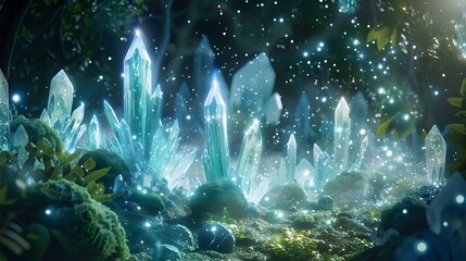 Mystical landscape with floating, glowing crystals and ethereal light