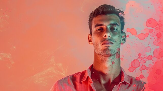 a young man exuding youthful vibes on a coral background, suitable for incorporating text or graphic elements to convey a message.