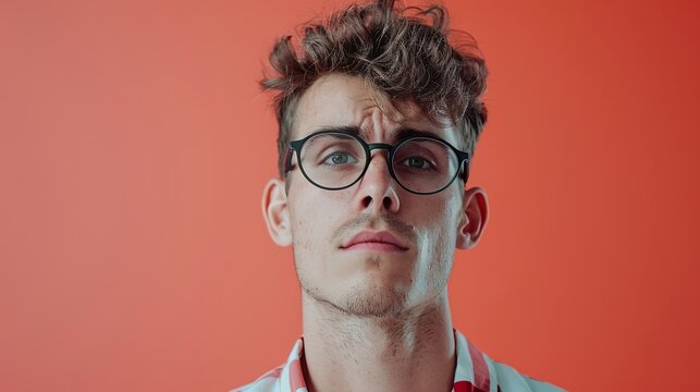 a young man exuding youthful vibes on a coral background, suitable for incorporating text or graphic elements to convey a message.