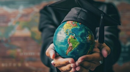 Education in Global world, Graduation cap on Businessman holding Earth globe model map