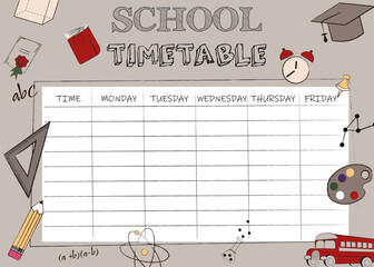 School timetable on the background of small details from school life Vector illustration education concept timetable template
