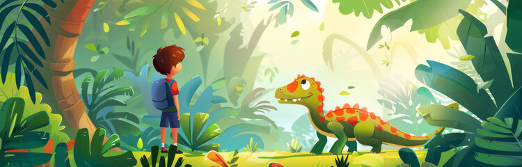 Boy Meets Dinosaur in Lush Jungle - A young boy with a backpack encounters a friendly dinosaur in a vibrant jungle setting, symbolizing adventure, curiosity, wonder, friendship