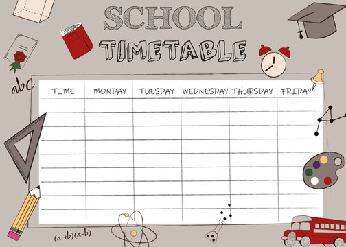 School timetable on the background of small details from school life Vector illustration education concept timetable template