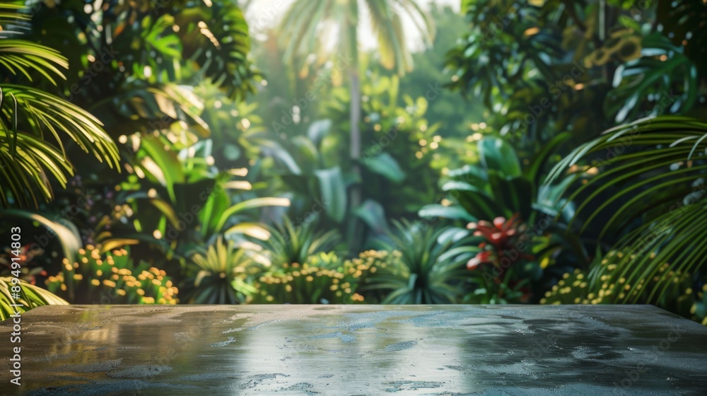 Aufkleber A stone tabletop sits in front of a lush tropical rainforest backdrop. Sunlight streams through the dense foliage, creating a soft, diffused glow.