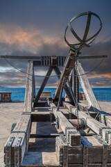Catapult from the Muralla del Carme or Catapulte bastioni Cristoforo Colombo on fortified walls,...