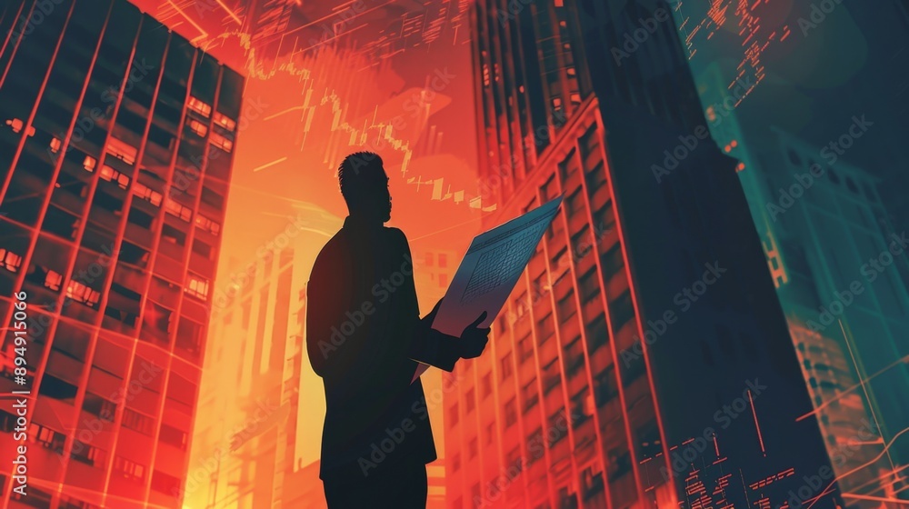 Aufkleber businessman planning future in urban skyline with data visualization - a businessman stands in the m