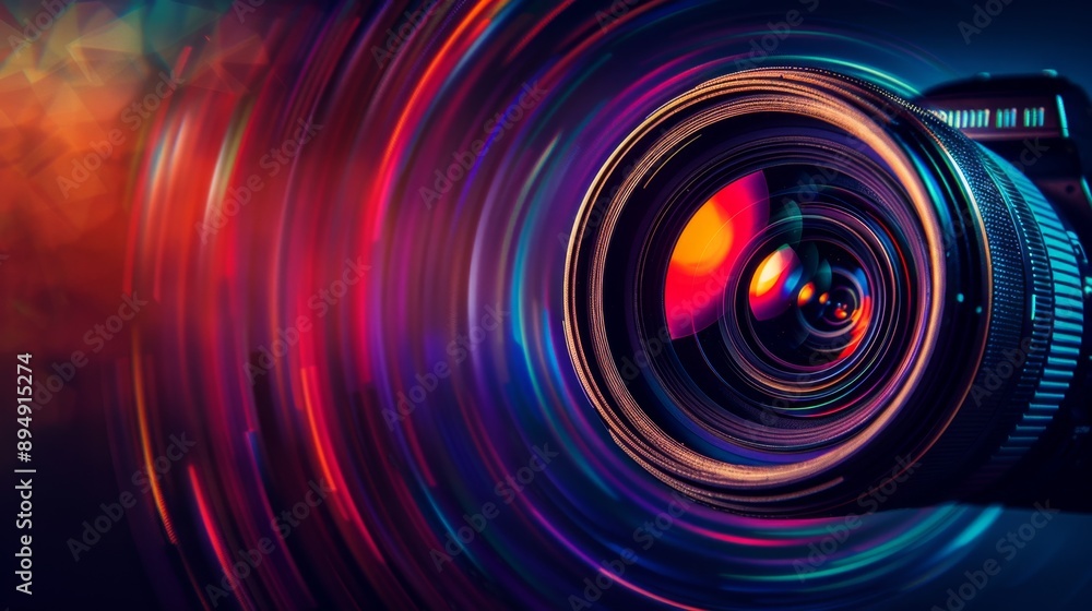 Poster camera lens with colorful swirls and bokeh - a close-up of a camera lens with colorful swirls of lig
