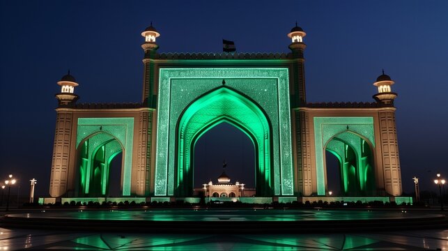 A beautifully illuminated Pakistani monument with green and white lights, representing the historical significance and pride of Independence Day