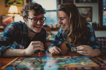 Fototapeta premium Portrait of a glad couple in their 20s playing a board game