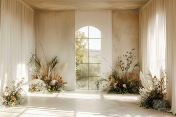 Wedding backdrop aesthetic flower minimalist decoration sunlight studio indoor white background