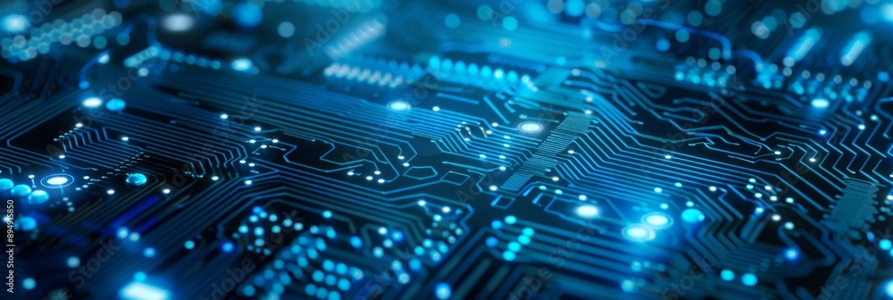 Poster close-up of a circuit board with blue leds - a close-up shot of a circuit board with blue leds illum