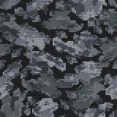 Seamless gray camouflage pattern with abstract shapes, stains, spots. PIXEL effect with circles. Spotty background for apparel, fabric, textile, sport goods.