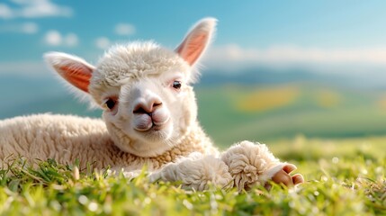 Obraz premium Cute Alpaca Lying on Back with Legs in the Air Outdoors