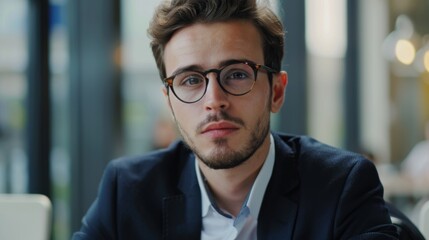 Fototapeta premium Confident Young Businessman in Glasses Looking at Camera - A young, confident man in a suit and glasses looks directly at the camera, conveying a sense of professionalism, determination