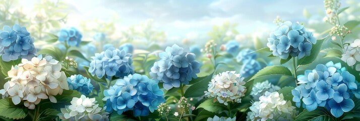Vibrant Blooming Hydrangea Field in Summer with Blue and White Flowers.