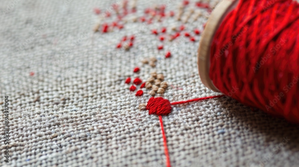 Poster macro embroidery with red thread on canvas viewed from above with space for writing