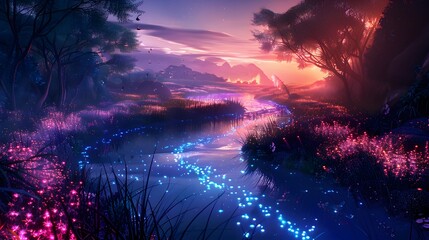 Fototapeta premium Mystical river winding through a dreamlike landscape of glowing flora