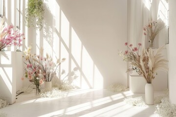 Wedding backdrop aesthetic flower minimalist decoration sunlight studio indoor white background