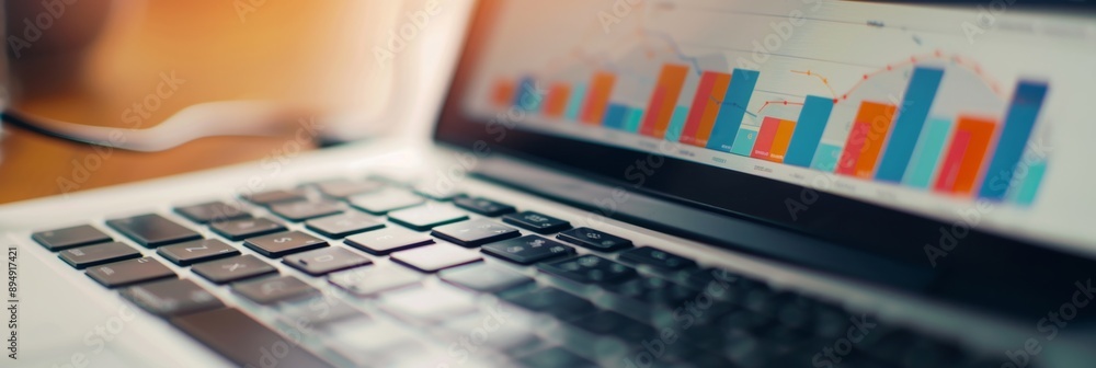 Poster data analysis on laptop screen with bar graph - a close-up shot of a laptop keyboard with a bar grap