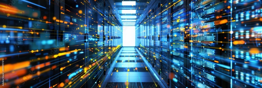 Aufkleber data center server room with bright lights and data flow - a server room with rows of servers illumi