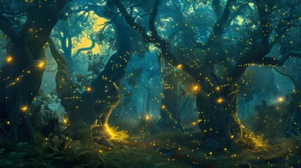 Obraz premium Surreal forest where ancient, gnarled trees are illuminated by glowing fireflies