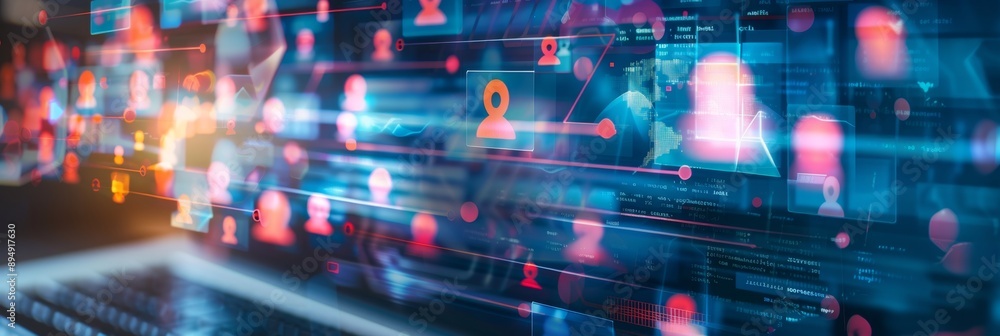 Poster digital connections: network of profiles and data on a laptop screen - this image depicts a laptop s