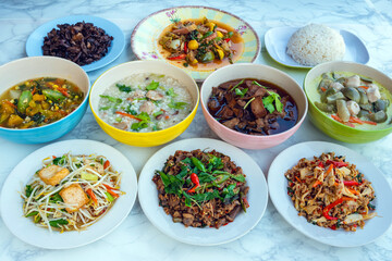 Set of dishes for healthy food on marble background. Vegetarian food concept. Set of healthy vegetarian food. Vegetables, fruit, seeds, cereals, beans, spices, superfoods, herbs, Condiment for vegan.