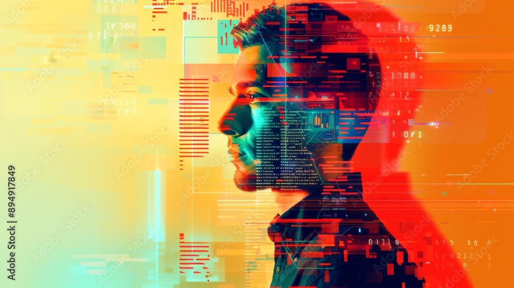 Poster digital transformation: man with glitch effect - a man is in a digital glitch effect, symbolizing th