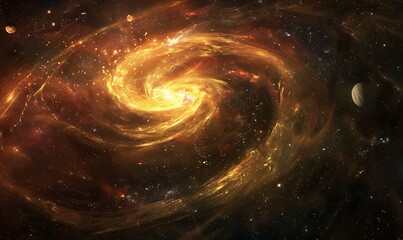 A glowing nebula wrapping around a distant planet, with swirling galaxies in the background