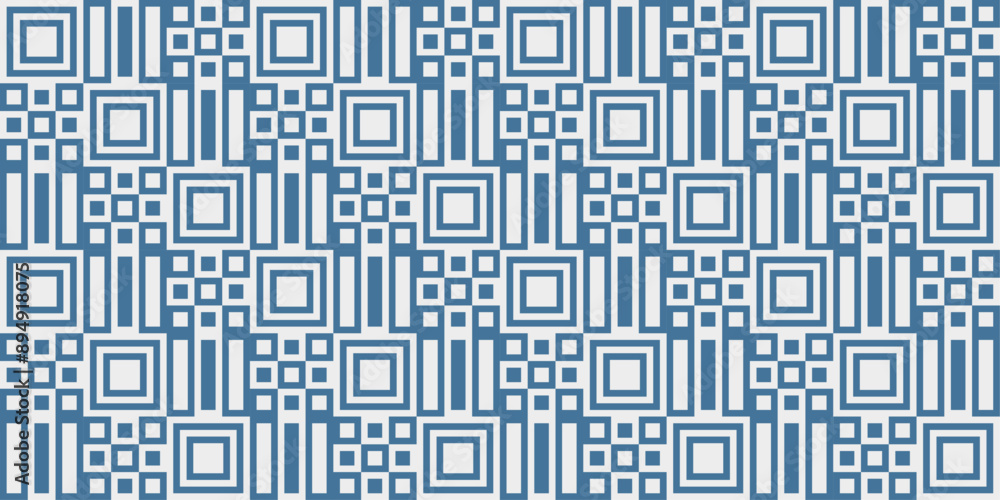 Poster blue and white pattern of repeating tiles in lines, checkers, and rings. alternating black and white
