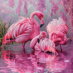 Naklejka premium picture of flamingos turning pink in water with algae