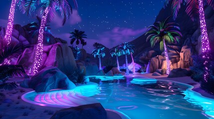 Fototapeta premium Ethereal desert oasis with glowing, colorful palm trees and a shimmering, magical pool