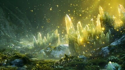 Surreal landscape with floating, glowing crystals and ethereal light