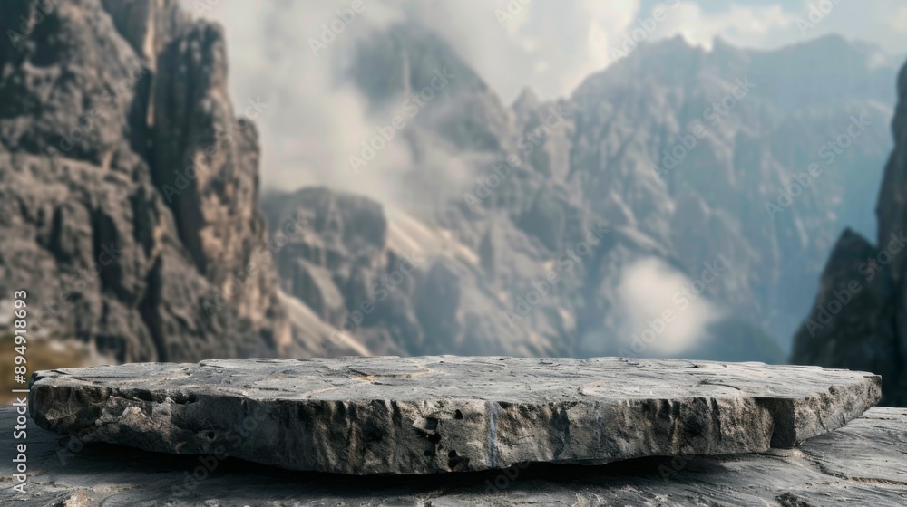 Poster a stone platform sits in front of a dramatic mountain landscape. the mountains are shrouded in mist 